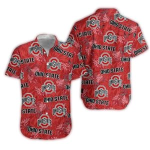 Ohio State Buckeyes Logo And Floral Leafs Pattern Hawaiian Shirt