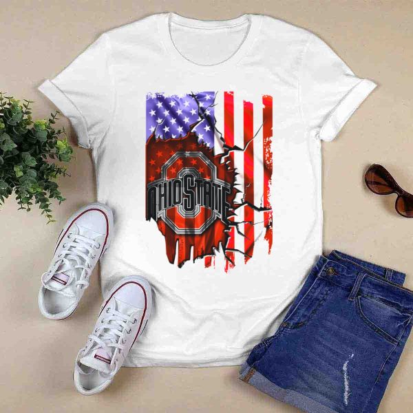 Ohio State Buckeyes Logo with Torn American Flag Background T Shirt 0