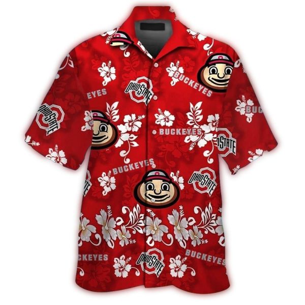 Ohio State Buckeyes Mascot and Floral Leafs Hawaiian Shirt 1