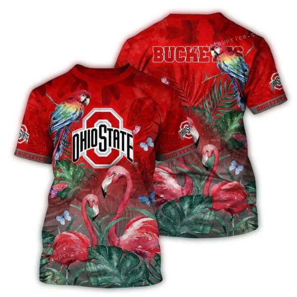 Ohio State Buckeyes Parrot and Flamingo Art AOP T Shirt 1