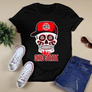Ohio State Buckeyes Skull With Baseball Cap And Cityscape Elements T Shirt