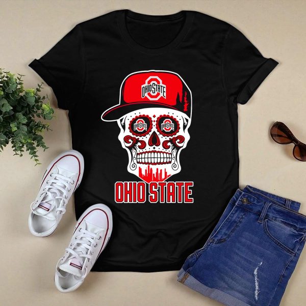 Ohio State Buckeyes Skull With Baseball Cap And Cityscape Elements T Shirt Black 1