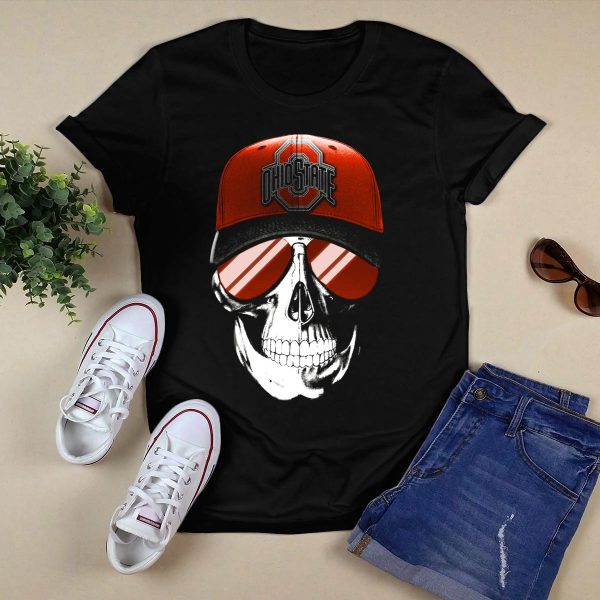 Ohio State Buckeyes Skull with Red Cap and Sunglasses T Shirt Black 1