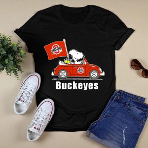 Ohio State Buckeyes Snoopy In Red Car With Flag T Shirt