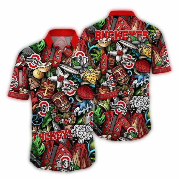 Ohio State Buckeyes Tiki Floral Summer Vacation Hawaiian Shirt 1
