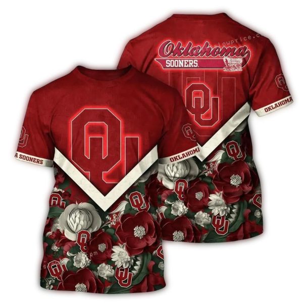 Oklahoma Sooners Big Logo and Flower AOP T Shirt 1
