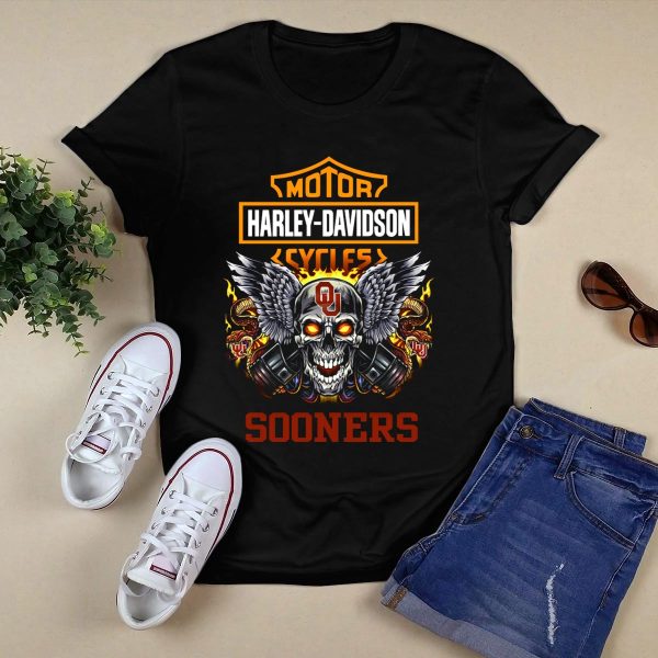 Oklahoma Sooners HD Motor Cycles Skull Wings Ou T Shirt 1