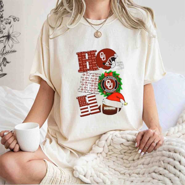 Oklahoma Sooners OU Helmet Wreath Football Santa Ho Ho Ho Christmas T Shirt 1 1
