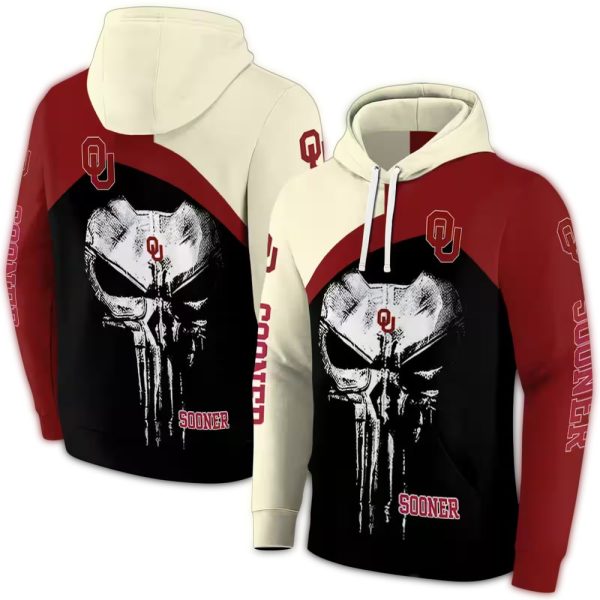 Oklahoma Sooners Skull Punisher Cream Black AOP Hoodie 1