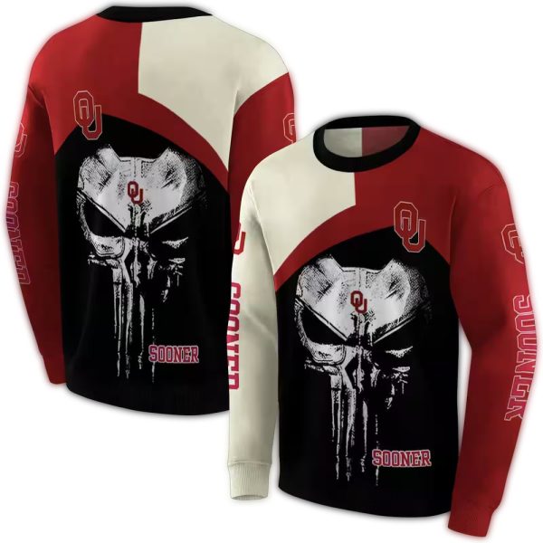 Oklahoma Sooners Skull Punisher Cream Black AOP Sweatshirt 1