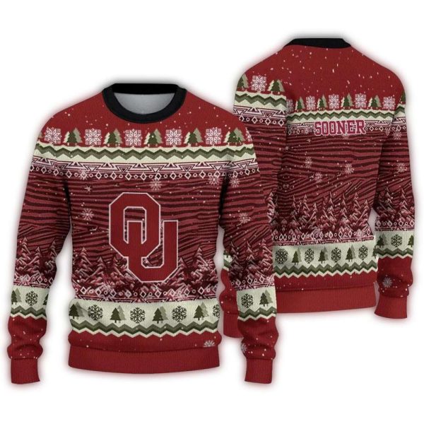 Oklahoma Sooners Tree Pattern Ugly Sweater 1
