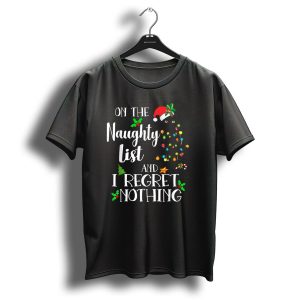 On The Naughty List And I Regret Nothing Black Cat Christmas Lights T Shirt