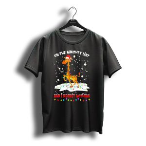 On The Naughty List And I Regret Nothing Giraffe Santa Hat Christmas Lights Snow T-Shirt
