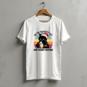 On The Naughty List Black Cat Christmas Santa Hat Hot Cocoa I Regret Nothing T-Shirt
