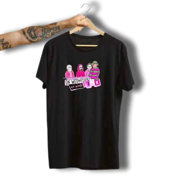 On Wednesdays We Wear Pink Horror Movie Characters Halloween Dinner Scene T Shirt t shirt 1