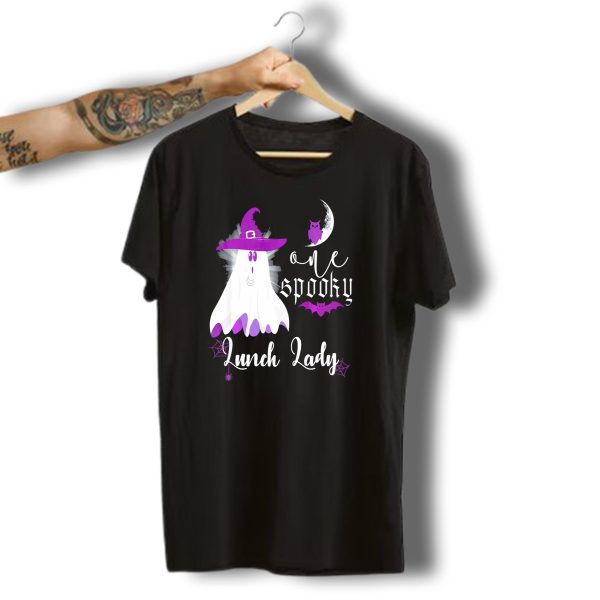One Spooky Lunch Lady Halloween Ghost With Purple Bat And Moon T Shirt t shirt 1