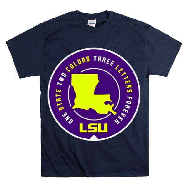 One State Two Colors Three Letters Forever LSU Louisiana Map Purple Gold Circle T Shirt Navy