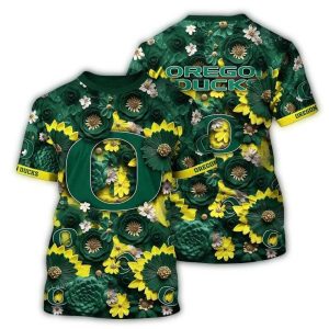 Oregon Ducks Big Logo And Flower Pattern All-Over Print T-Shirt