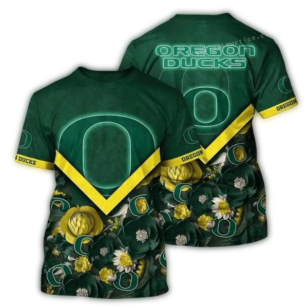 Oregon Ducks Flower Green Tropical AOP T Shirt 1