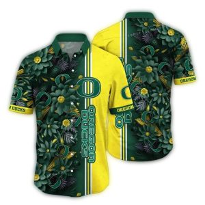 Oregon Ducks Flowers Stripe Green And Yellow Hawaiian Shirt