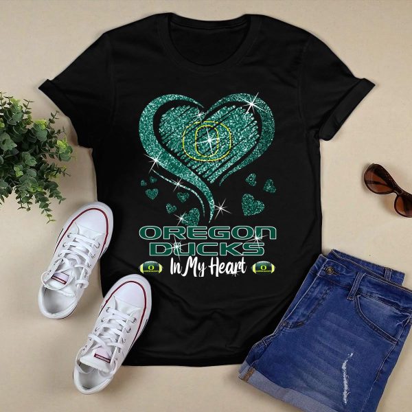 Oregon Ducks In My Heart Sparkling Green Hearts and Footballs T Shirt 1