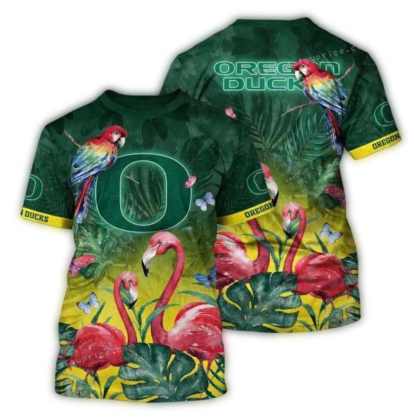 Oregon Ducks Parrot and Flamingo Art AOP T Shirt 1
