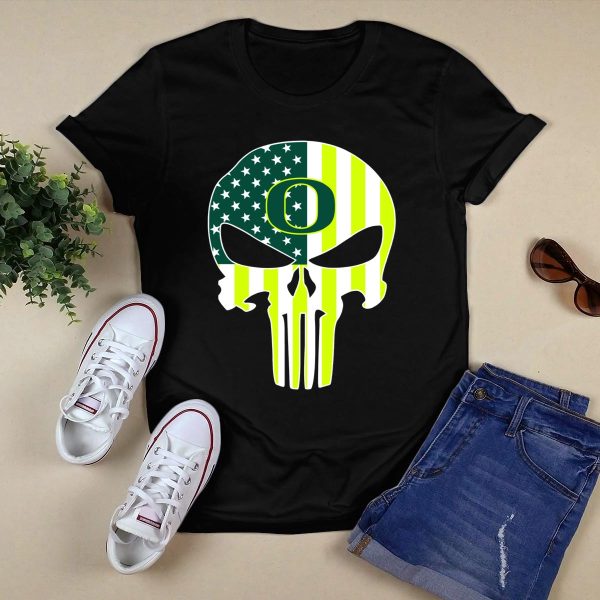 Oregon Ducks Punisher Skull American Flag T Shirt 1