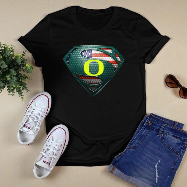 Oregon Ducks Superman Logo American Flag T Shirt 1