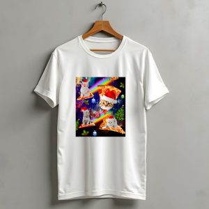 Outer Space Christmas Cats With Santa Hats Riding Pizza In Galaxy With Christmas Ornaments And Rainbow T Shirt
