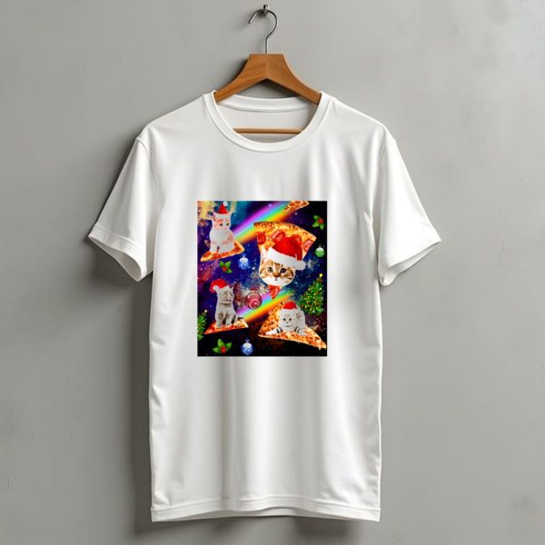 Outer Space Christmas Cats With Santa Hats Riding Pizza In Galaxy With Christmas Ornaments And Rainbow T Shirt 1 t shirt 1