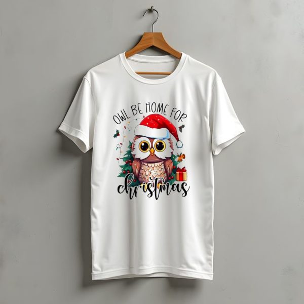 Owl Be Home For Christmas Santa Hat Owl Festive Lights Gift Box T Shirt t shirt 1