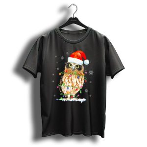 Owl Looking At You Christmas Lights Santa Hat Snowflakes T Shirt