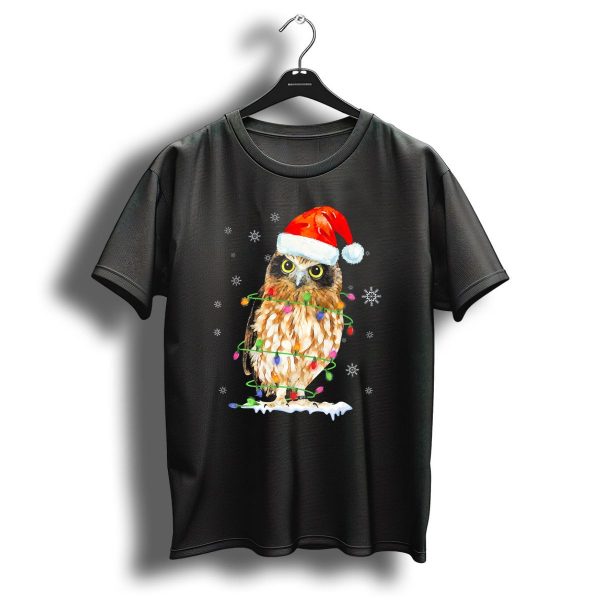Owl Looking At You Christmas Lights Santa Hat Snowflakes T Shirt 1 t shirt 1