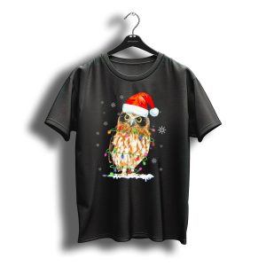 Owl Looking At You Christmas Lights Santa Hat Snowflakes T-Shirt