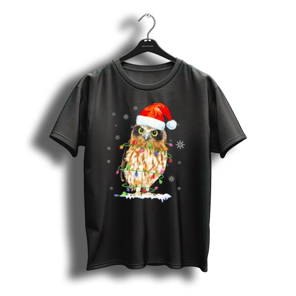 Owl Looking At You Christmas Lights Santa Hat Snowflakes T Shirt t shirt 1