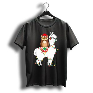 Owl Riding Llama Christmas Lights Santa Hat T Shirt