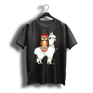 Owl Riding Llama Christmas Lights Santa Hat T-Shirt