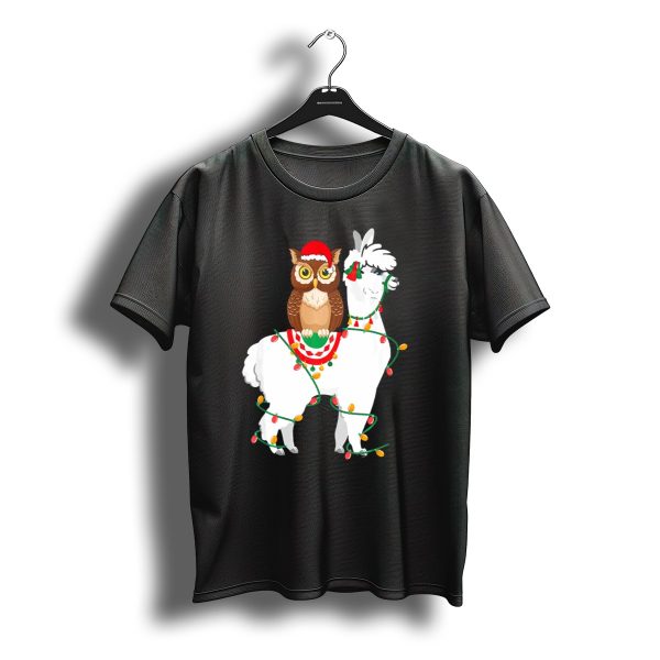 Owl Riding Llama Christmas Lights Santa Hat T Shirt t shirt 1