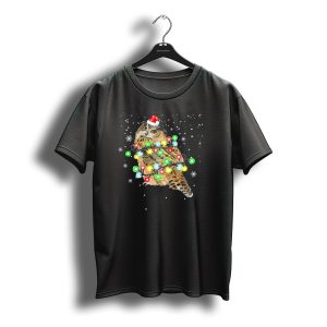 Owl Wrapped In Christmas Light Colors With Santa Hat And Snowflakes Christmas T-Shirt