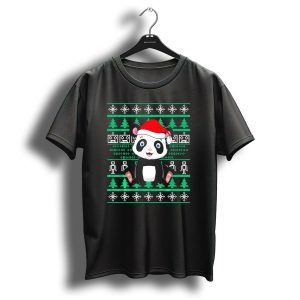 Panda Bear Christmas Ugly Sweater Santa Hat Pixel Trees T Shirt