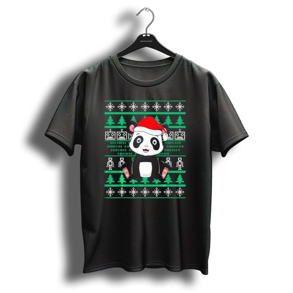 Panda Bear Christmas Ugly Sweater Santa Hat Pixel Trees T Shirt 1 t shirt 1