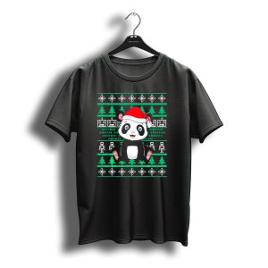 Panda Bear Christmas Ugly Sweater Santa Hat Pixel Trees T-Shirt