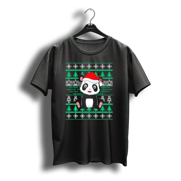 Panda Bear Christmas Ugly Sweater Santa Hat Pixel Trees T Shirt t shirt 1