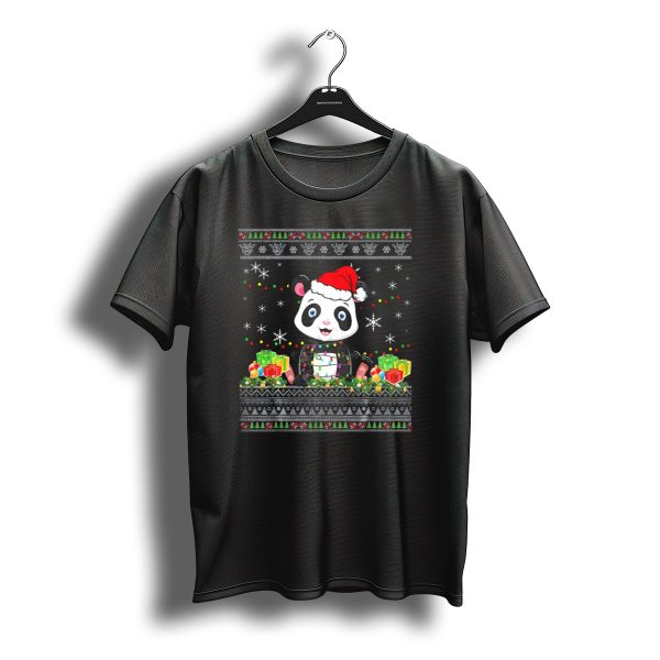 Panda Bear In Santa Hat With Christmas Lights And Gifts T Shirt t shirt 1