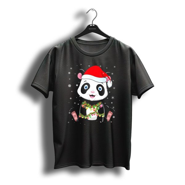 Panda Bear Light Christmas Santa Hat Snowflakes Garland T Shirt t shirt 1