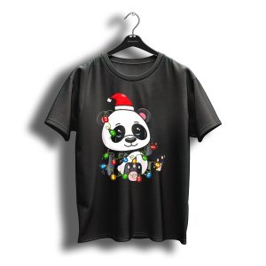 Panda Bear Santa Entangled In Christmas Lights T-Shirt