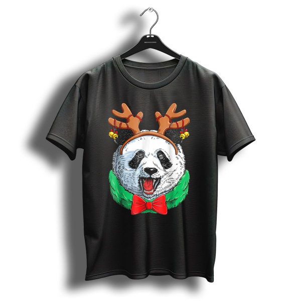 Panda Christmas Reindeer Antlers With Festive Bow And Bells T Shirt 1 t shirt 1