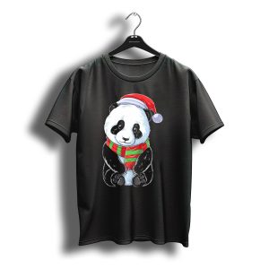 Panda Christmas Santa Hat Red Green Scarf T-Shirt