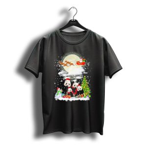 Panda Christmas Santa Sleigh With Reindeer And Festive Tree T-Shirt