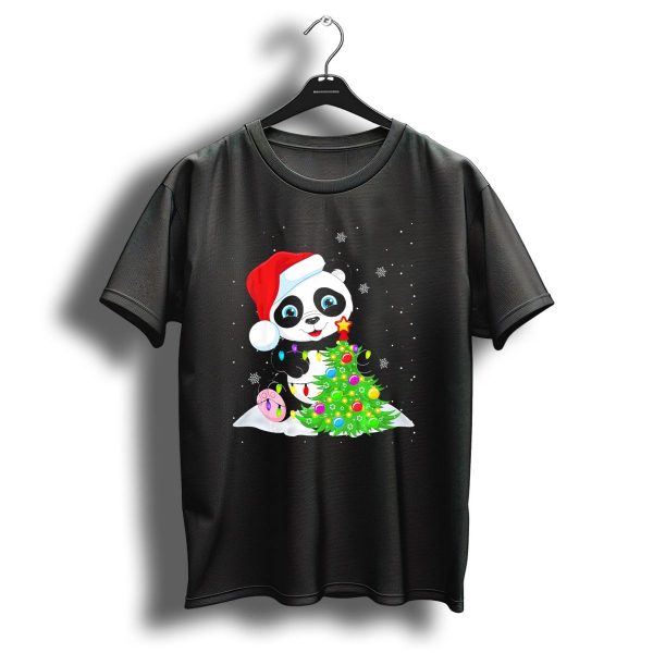 Panda Santa Hat Christmas Tree Lights Snowflakes T Shirt 1 t shirt 1